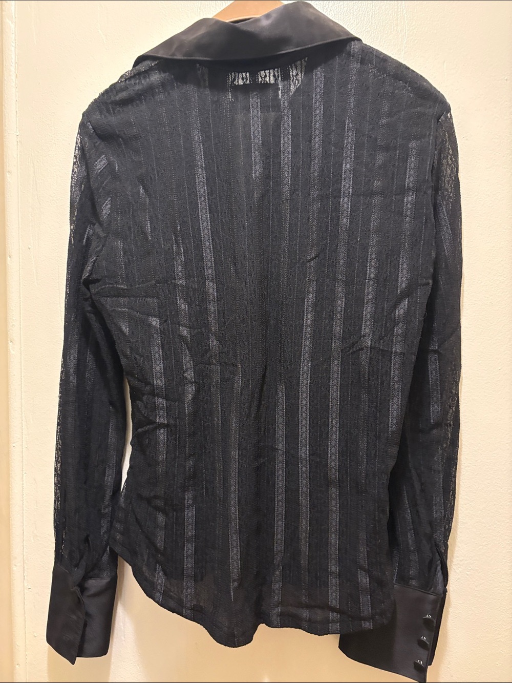 Valerie Stevens Black Sheer Lace Satin Button-Front Blouse - Picture 5 of 5